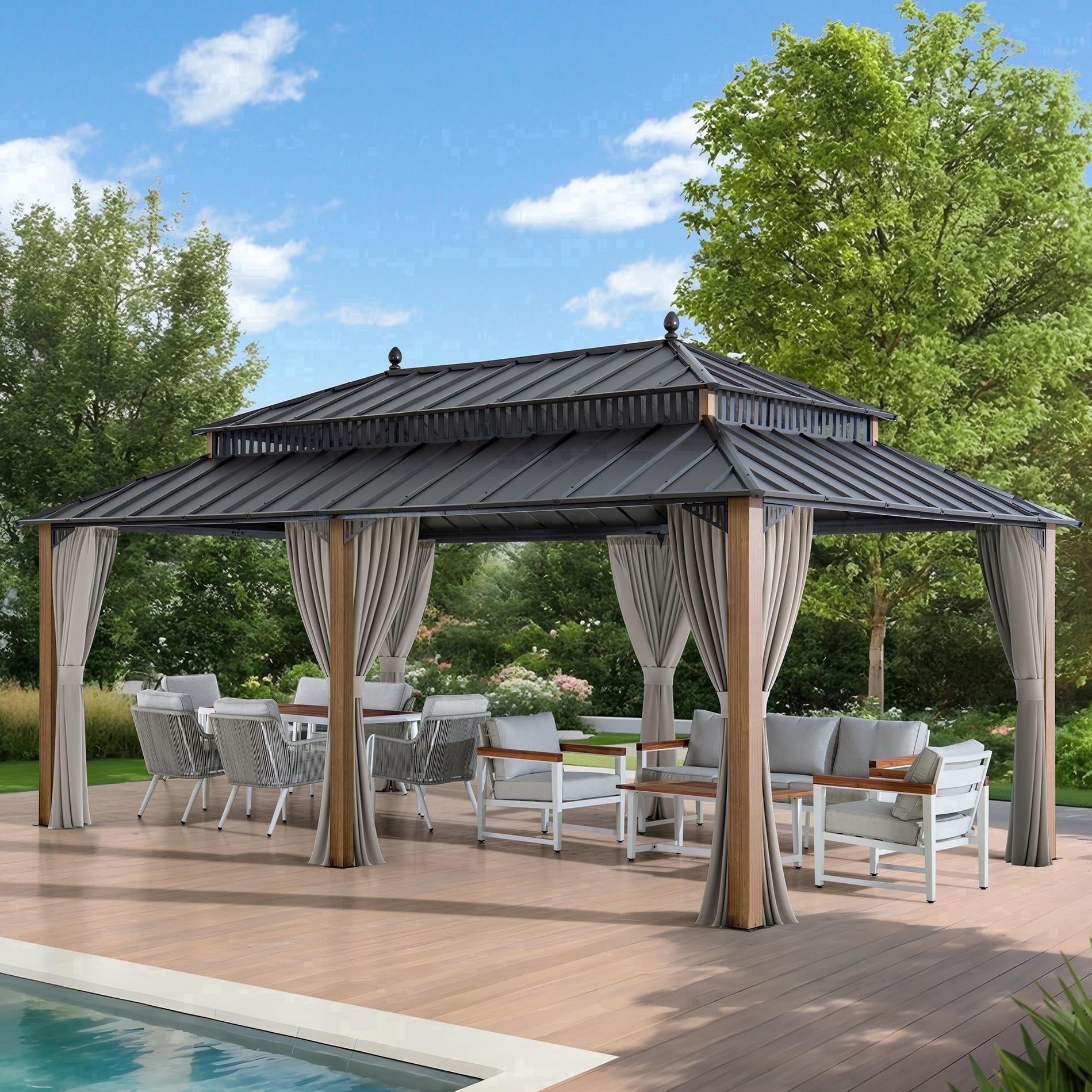Sunjoy 20x12 Outdoor Gazebo, Steel Hardtop Clearance Gazebo with Curtain and Netting ,Kingston Series