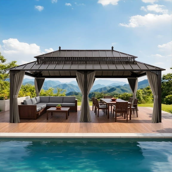 Sunjoy 20x12 Outdoor Gazebo Clearance Steel Hardtop with Curtain and Netting,Brown Aluminum Posts,Kingston Series