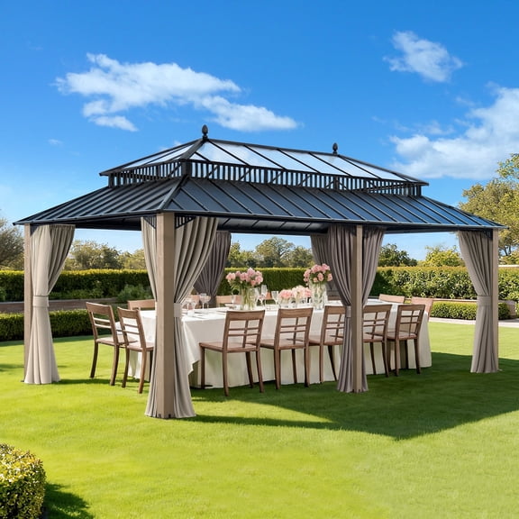 SUNJOY Kingston 20x12 Gazebo, Steel & PC Roof Hardtop Gazebo with Curtain and Netting - Cedar Posts