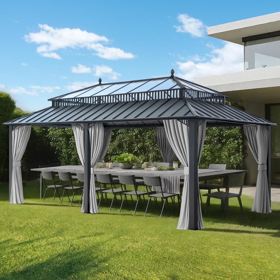 Sunjoy 20x12 ft. Outdoor Gazebo Steel PC Roof Hardtop Gazebo with Curtain and Netting,Kingston Series,Gray Aluminum Posts