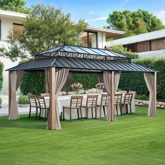 Sunjoy 20x12 Gazebo Steel & PC Roof Hardtop with Curtain Woodgrain Aluminum Posts, Kingston Series