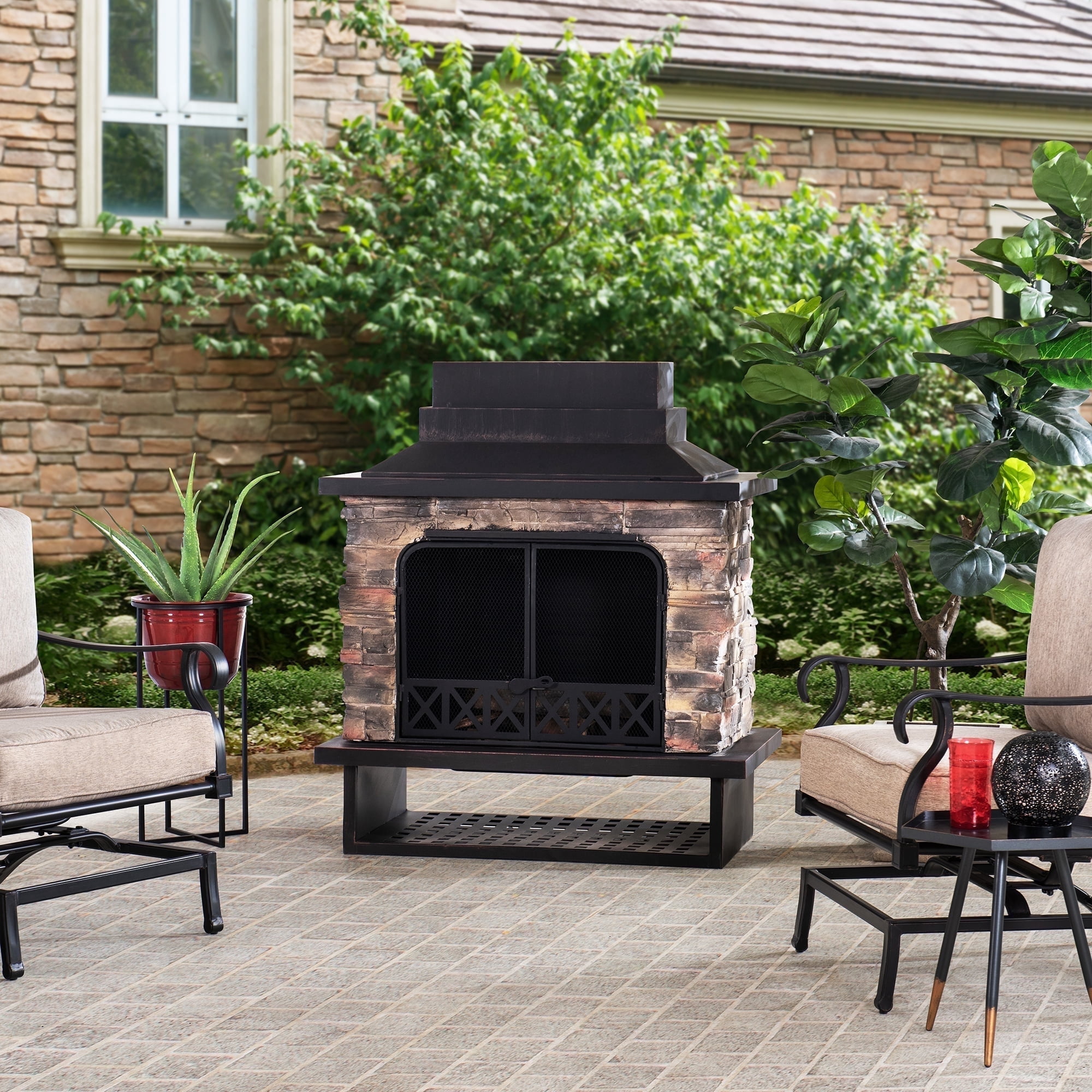 Sunjoy Farmington Outdoor Wood Burning Fireplace with Patio