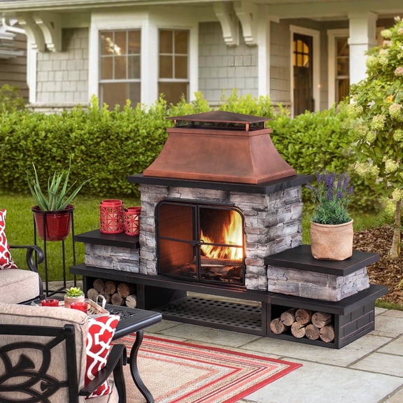 SUNJOY 82 in. Outdoor Wood-Burning Stone Fireplace with Chimney, 2 Side Shelves, Log Holders, Locking Mesh Doors, Removable Grate, Ash Pan and Fire Poker, Antique Copper