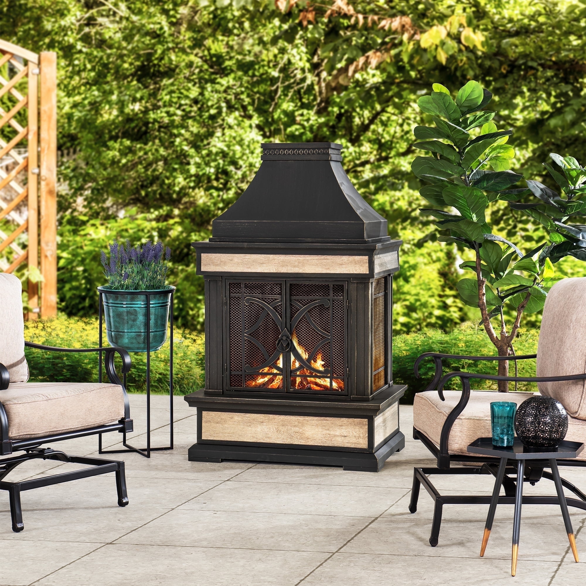 Sunjoy Black Powder-Coated Steel Wood-Burning Chimenea