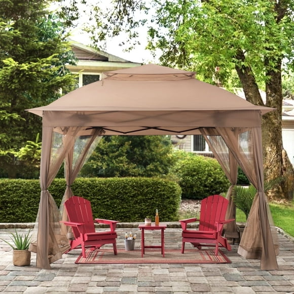 SUNJOY Outdoor Soft Top Patio umbrellas 11x11 Steel 2-Tier Backyard Portable Pop Up Gazebo with Netting