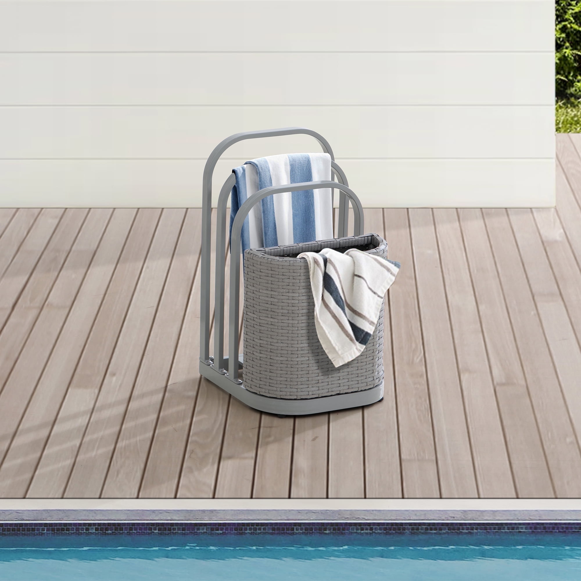 Gray Aluminum and Wicker Poolside Towel Rack with Storage Basket
