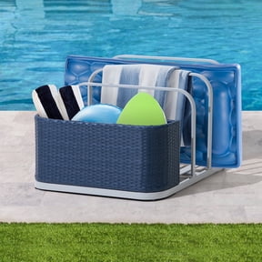 SUNJOY Aluminum Pool Float Storage Rack, 35-Inch Outdoor Wicker Poolside Float Organizer, Pool Float Caddy for Cushions, Floaties, Noodles, Pool Toys, Navy