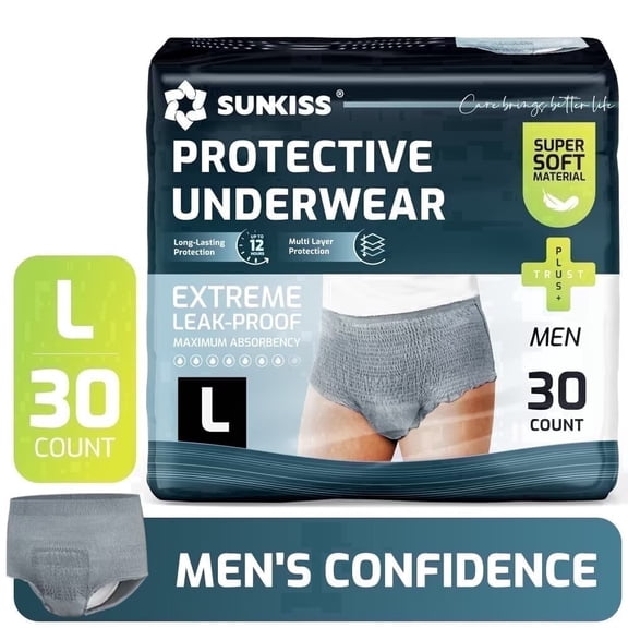 SUNKISS Incontinence Underwear for Men, Daytime Disposable Adult Pull Ups, Mens Protective Briefs with Maximum Absorbency, Large, Grey, 30 Count