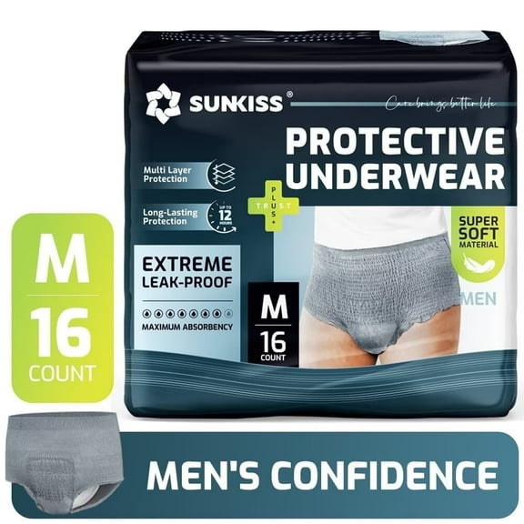SUNKISS Incontinence Underwear for Men, Daytime Disposable Adult Pull Ups, Mens Protective Briefs with Maximum Absorbency, Medium, Grey, 16 Count