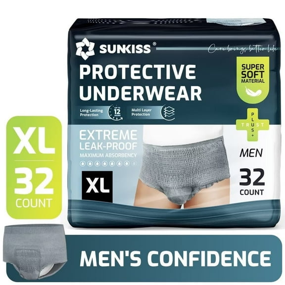 SUNKISS Incontinence Underwear for Men, Daytime Disposable Adult Pull Ups, Mens Protective Briefs with Maximum Absorbency, XLarge, Grey, 32 Count