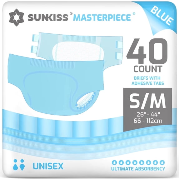 SUNKISS Masterpiece Adult Diapers with Tabs, Unisex Disposable Incontinence Briefs for Women and Men, Odor Control, Blue, Small /Medium, 40 Count (4 Packs of 10)