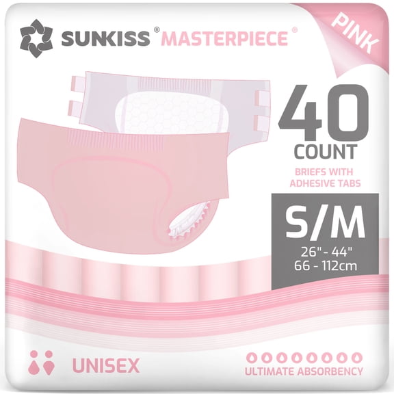 SUNKISS Masterpiece Adult Diapers with Tabs, Unisex Disposable Incontinence Briefs for Women and Men, Odor Control, Pink, Small /Medium, 40 Count (4 Packs of 10)
