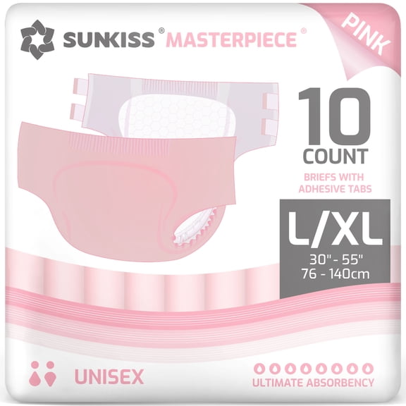 SUNKISS Masterpiece Adult Diapers with Tabs, Unisex Disposable Incontinence Briefs for Women and Men, Odor Control, Pink, Large/XLarge, 10 Count