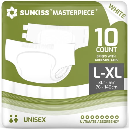 SUNKISS Masterpiece Adult Diapers with Tabs, Unisex Disposable Incontinence Briefs for Women and Men, Odor Control, White,Large/XLarge, 10 Count