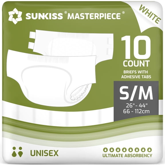 SUNKISS Masterpiece Adult Diapers with Tabs, Unisex Disposable Incontinence Briefs for Women and Men, Odor Control, White, Small/Medium, 10 Count