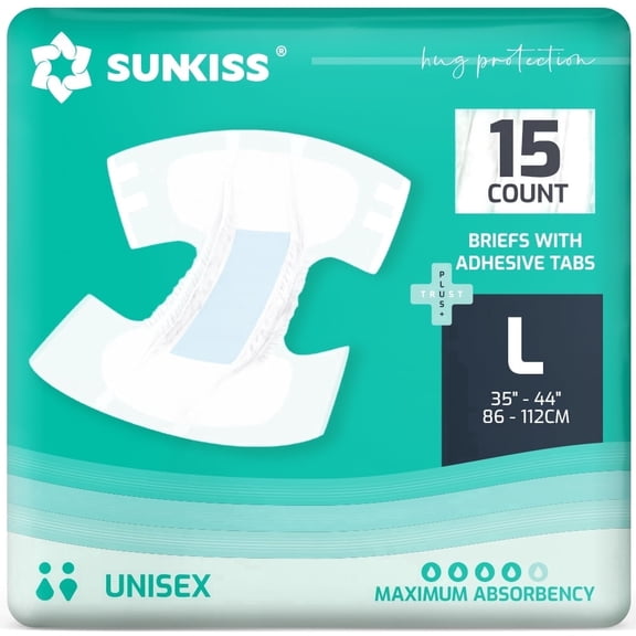 SUNKISS TrustPlus Adult Diapers, Incontinence Briefs with Tabs for Men and Women, Unisex, L, 15 Ct