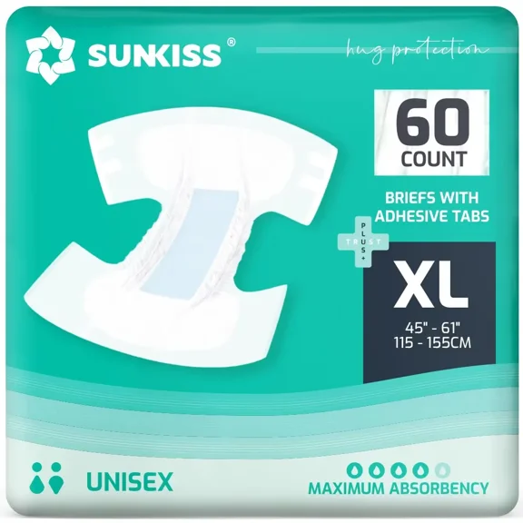 SUNKISS TrustPlus Adult Diapers with Maximum Absorbency, Disposable Incontinence Briefs with Tabs for Men and Women, Maximum Overnight Absorbency, Leak Protection, XLarge, 60 Count (4 Packs of 15)