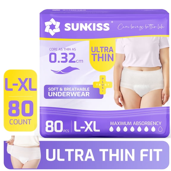 SUNKISS Ultra Thin Incontinence Underwear for Women, Fast-Absorbing & Super Soft Postpartum Diapers, Disposable Adult Pull Ups, Large/XLarge, 80 Count
