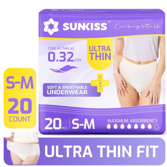 SUNKISS Ultra Thin Incontinence Underwear for Women, Fast-Absorbing & Super Soft Postpartum Diapers, Disposable Adult Pull Ups, Small/Medium, 20 Count