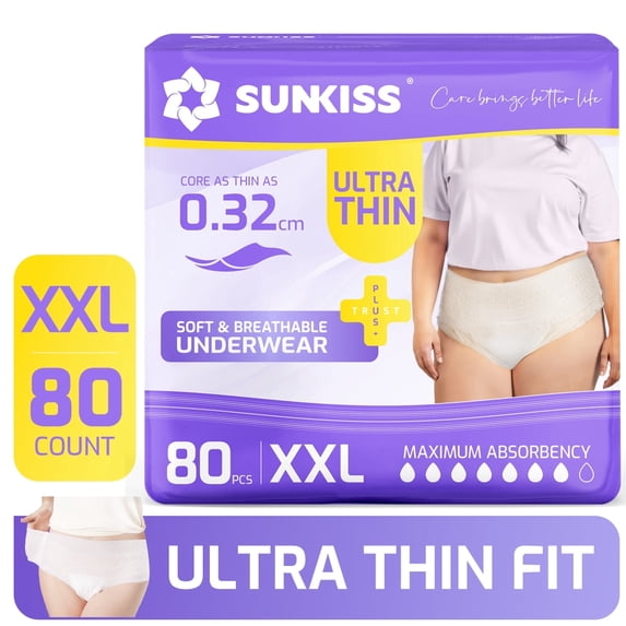 SUNKISS Ultra Thin Incontinence Underwear for Women, Fast-Absorbing & Super Soft Postpartum Diapers, Disposable Adult Pull Ups, XXLarge, 80 Count