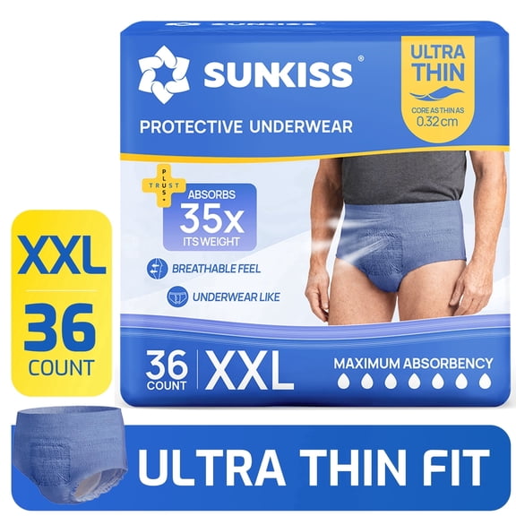 SUNKISS Ultra Thin & Soft Incontinence Underwear for Men, Disposable Adult Pull Ups, Super Soft & Maximum Absorbency, 2XLarge, 36 Count