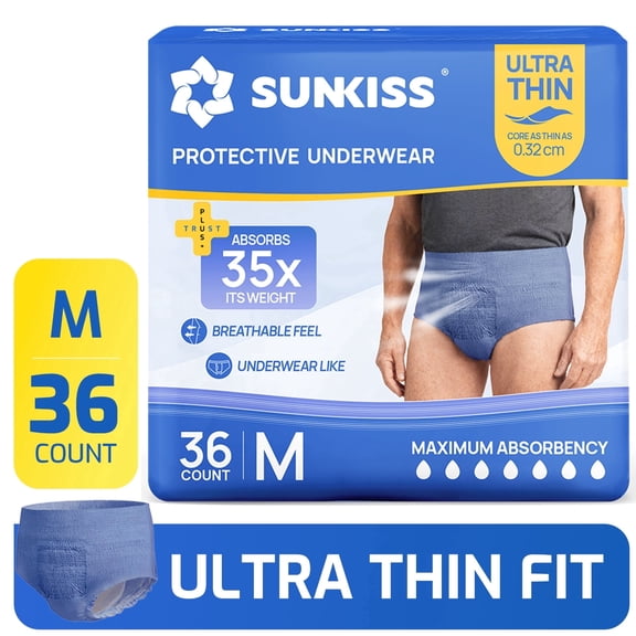 SUNKISS Ultra Thin & Soft Incontinence Underwear for Men, Disposable Adult Pull Ups, Super Soft & Maximum Absorbency, Medium, 36 Count