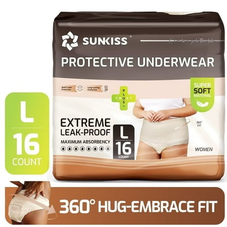 SUNKISS Women Incontinence Underwear, Daytime Disposable Postpartum Adult Panties, Protective Pull Ups with Maximum Absorbency, Large, Beige, 16 Count