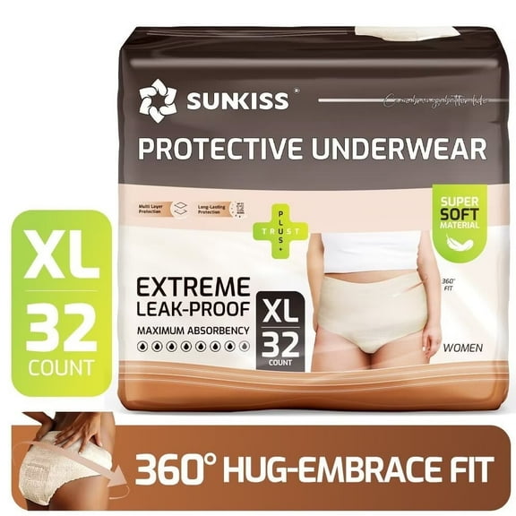 SUNKISS Women Incontinence Underwear, Daytime Disposable Postpartum Adult Panties, Protective Pull Ups with Maximum Absorbency, XLarge, Beige, 32 Count