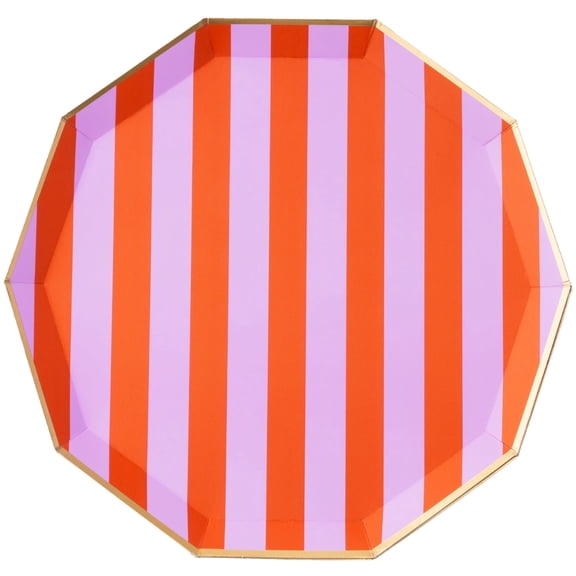 Bonjour Fte Orange and Purple Striped Large Paper Dinner Plates, Disposable Party Supplies, 8 Count, 10.75 Inch, Happy Birthday