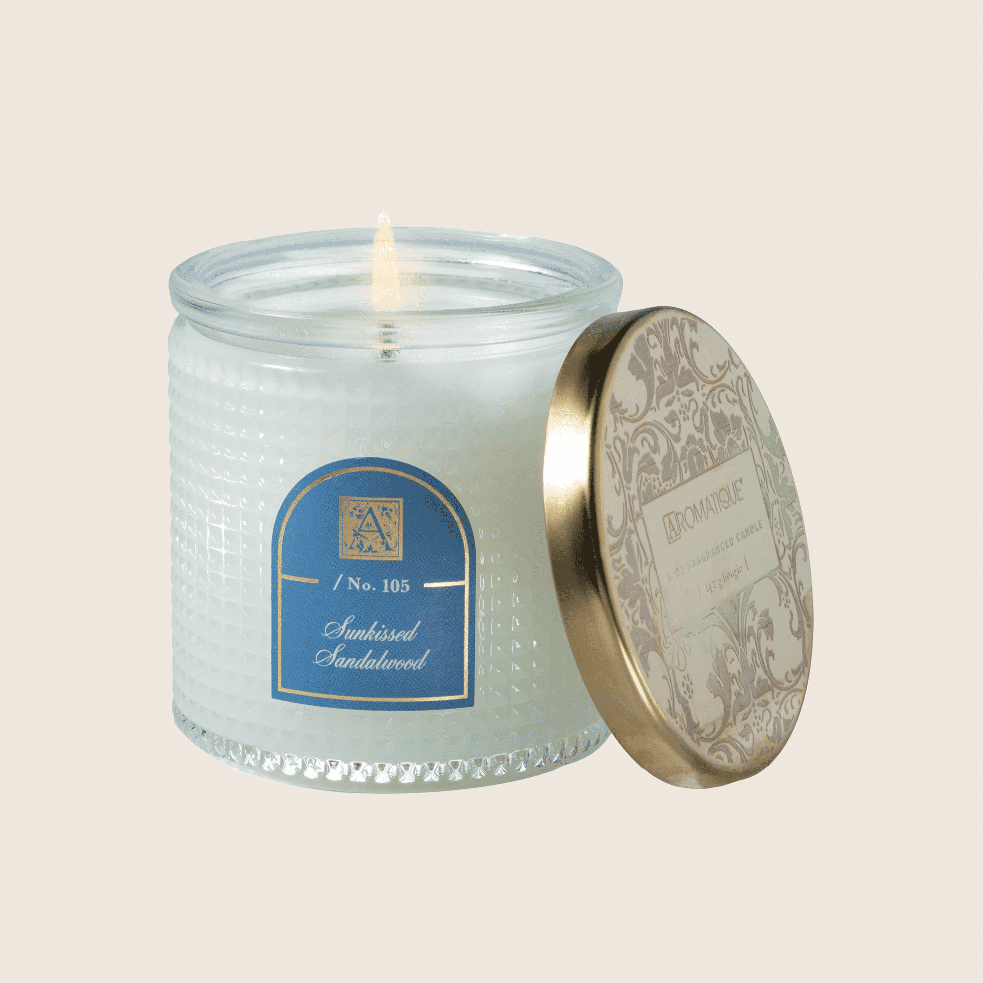 SUNKISSED SANDALWOOD Aromatique Textured Glass Metal Lid 6 oz Scented Jar Candle