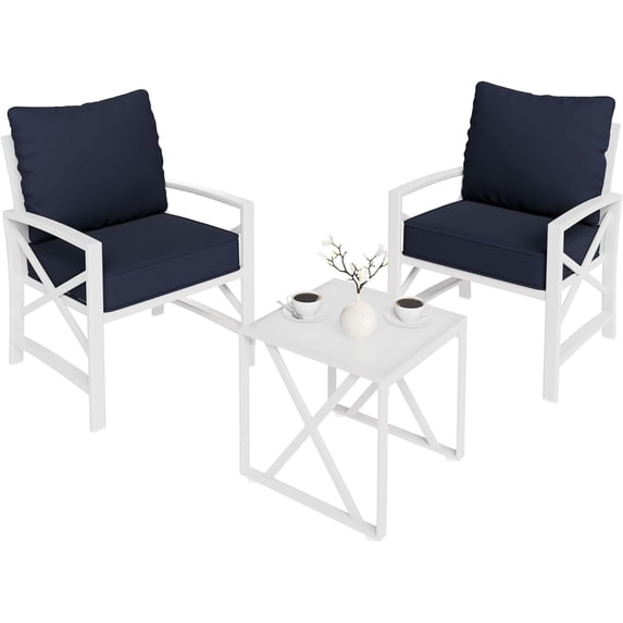 SUNLEI 3 Pcs Patio Outdoor Furniture Set, Porch Chairs Conversation Sets with Glass Coffee Table, Outside Metal Sofa Set for Garden, Balcony, Poolside, Backyard, Blue