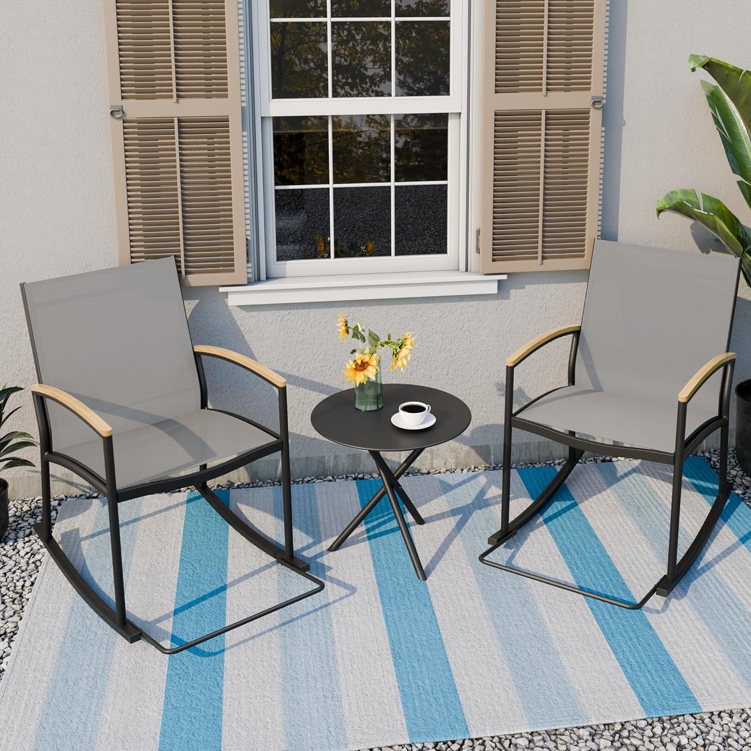 SUNLEI 3-Piece Patio Bistro Sets, Outdoor Rattan Rocking Chairs & Black ...