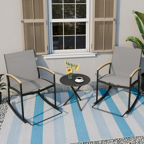 SUNLEI 3-Piece Patio Rocking Bistro Sets, Textilene Fabric Outdoor Breathable Rocker Chairs, Front Porch Conversation Set with Coffee Table (Rocking Chairs/Dark Grey)