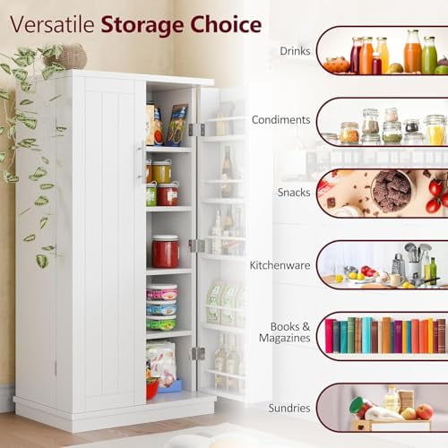 SUNLEI 47" Kitchen Pantry Cabinet, Food Pantry Storage Cabinets with Door and Adjustable Shelves, Freestanding Wooden Pantry Cabinet for Small Space, Cupboard for Dining Room, Livi
