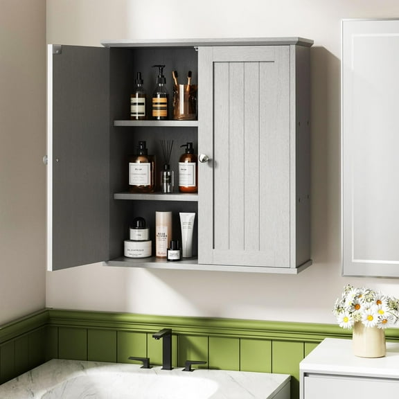 SUNLEI Bathroom Medicine Cabinet with 2 Doors, Bathroom Wall Storage Cabinet Over The Toilet, Space Saving Storage Cabinet with 3-Tier Shelves, Grey