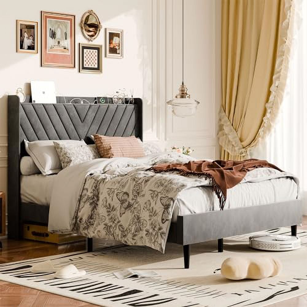 SUNLEI Bed Frame with Wingback Storage Headboard, Full Size Bed Frame