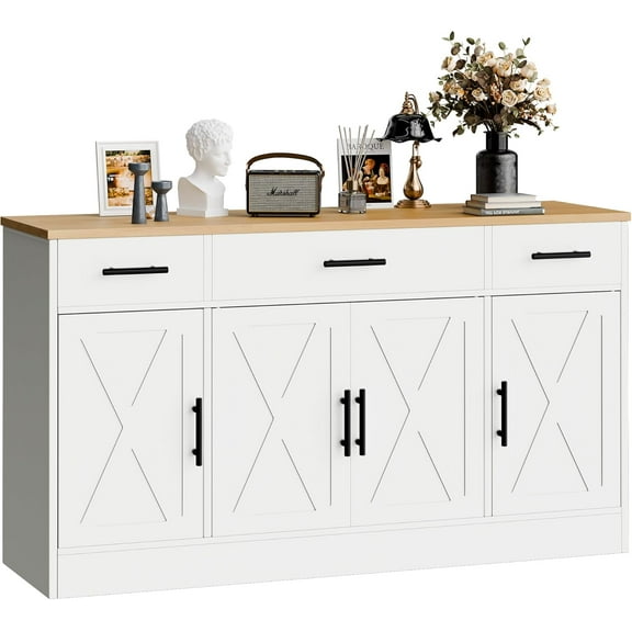 SUNLEI Buffet Cabinet with Storage, Farmhouse Storage Cabinet with 4 Doors and 3 Drawers, Wooden Base Cabinet with Adjustable Shelf for Living Room, White&Yellow