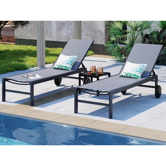 SUNLEI Lounge Chair for Outside Set of 2, Patio Chaise Lounge Outdoor w/ 5-Position Adjustable Backrest, Movable Pool Recliner Lounge Chairs, Tanning Chair for Patio, Light Grey