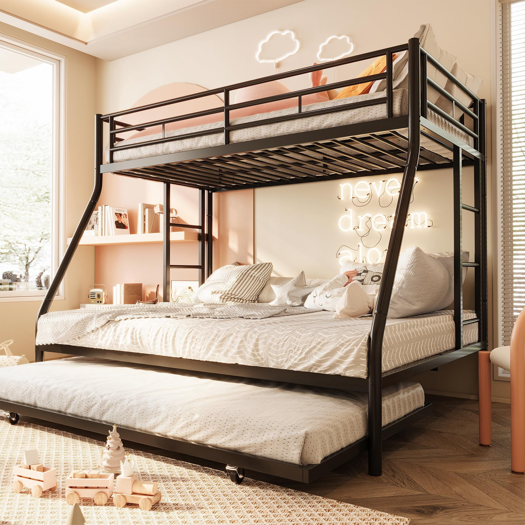 SUNLEI Metal Bunk Beds with Double Secured Ladders, Bunk Bed Twin Over