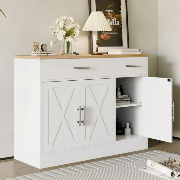 SUNLEI Sideboard Buffet Cabinet with Storage, Kitchen Storage Cabinet with 3 Doors and 2 Drawers, Farmhouse Coffee Bar with Adjustable Shelf for Living Room, White&Yellow