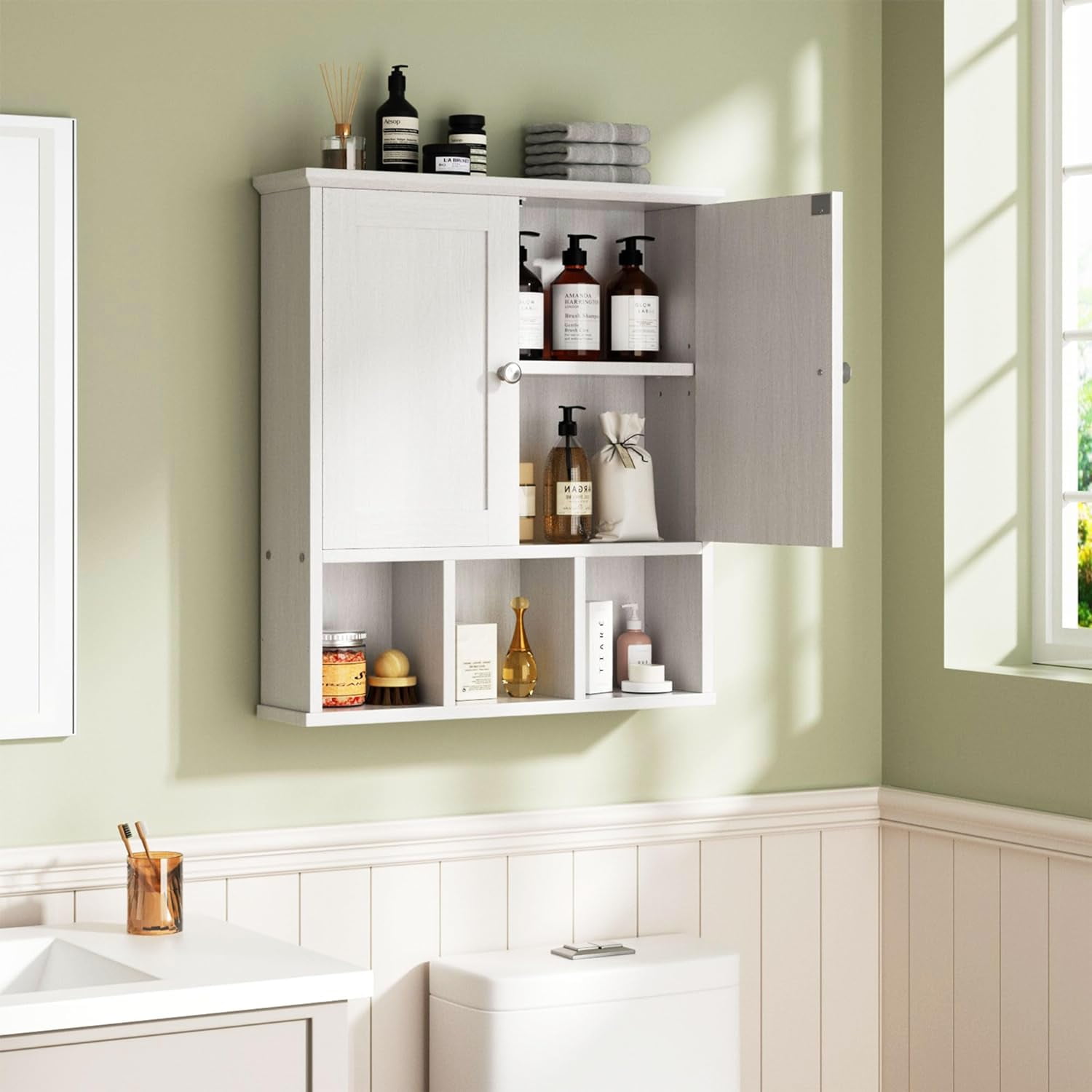 SUNLEI Storage Cabinets for Wall Mounted with 3 Open Shelves for ...