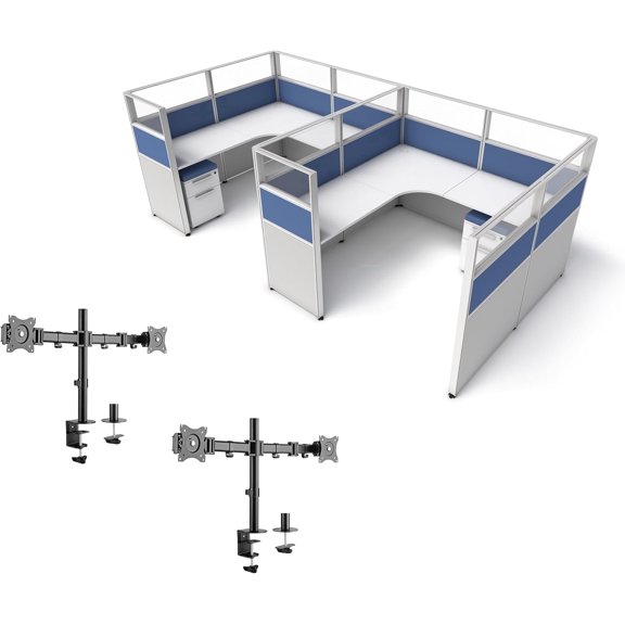 SUNLINE Office Cubicle Kit - 2 Person Modular Workstation Set with 7 Layout Options & 2 Dual Monitor Arms - Blue