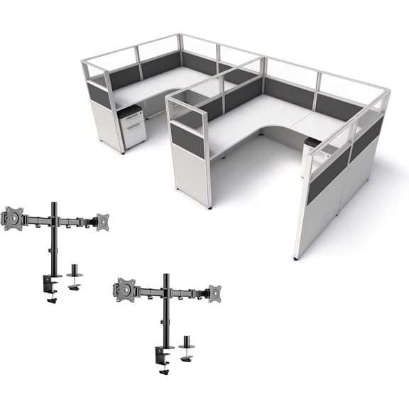 SUNLINE Office Cubicle Kit - 2 Person Modular Workstation Set with 7 Layout Options and 2 Dual Monitor Arms - Dark Grey