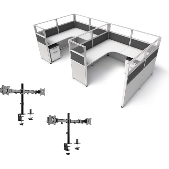 SUNLINE Office Cubicle Kit - 2 Person Modular Workstation Set with 7 Layout Options and 2 Dual Monitor Arms - Dark Grey