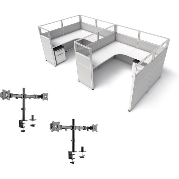 SUNLINE Office Cubicle Kit - 2 Person Modular Workstation Set with 7 Layout Options and 2 Dual Monitor Arms - Light Grey