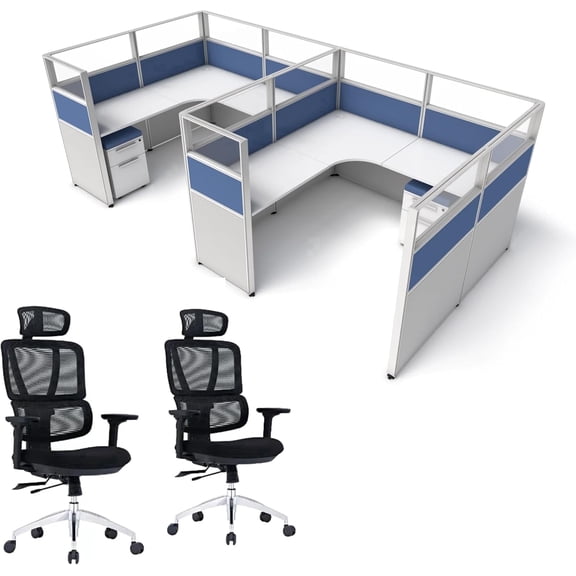 SUNLINE Office Cubicle Kit - 2 Person Modular Workstation Set with 7 Layout Options & 2 Elevate Ergonomic Chairs - Blue