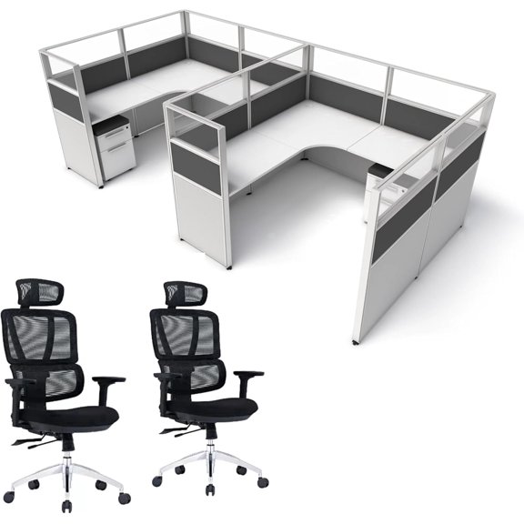 SUNLINE Office Cubicle Kit - 2 Person Modular Workstation Set with 7 Layout Options & 2 Elevate Ergonomic Chairs - Charcoal