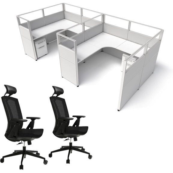 SUNLINE Office Cubicle Kit - 2 Person Modular Workstation Set with 7 Layout Options & 2 Ergo Plus Ergonomic Chairs - Grey