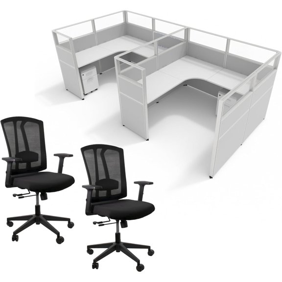 SUNLINE Office Cubicle Kit - 2 Person Modular Workstation Set with 7 Layout Options and 2 Ergonomic Office Chairs - Light Grey