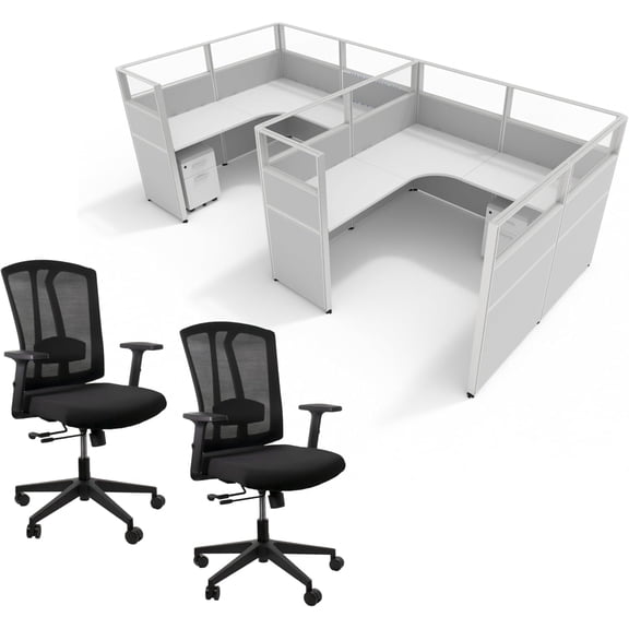 SUNLINE Office Cubicle Kit - 2 Person Modular Workstation Set with 7 Layout Options & 2 Ergonomic Office Chairs - Light Grey